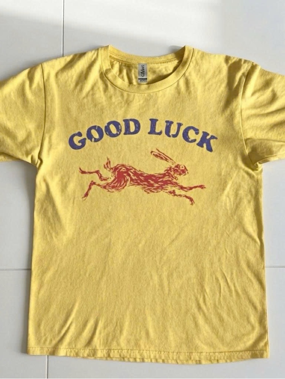 Vintage Yellow 'Good Luck' Graphic Tee with Hare Print